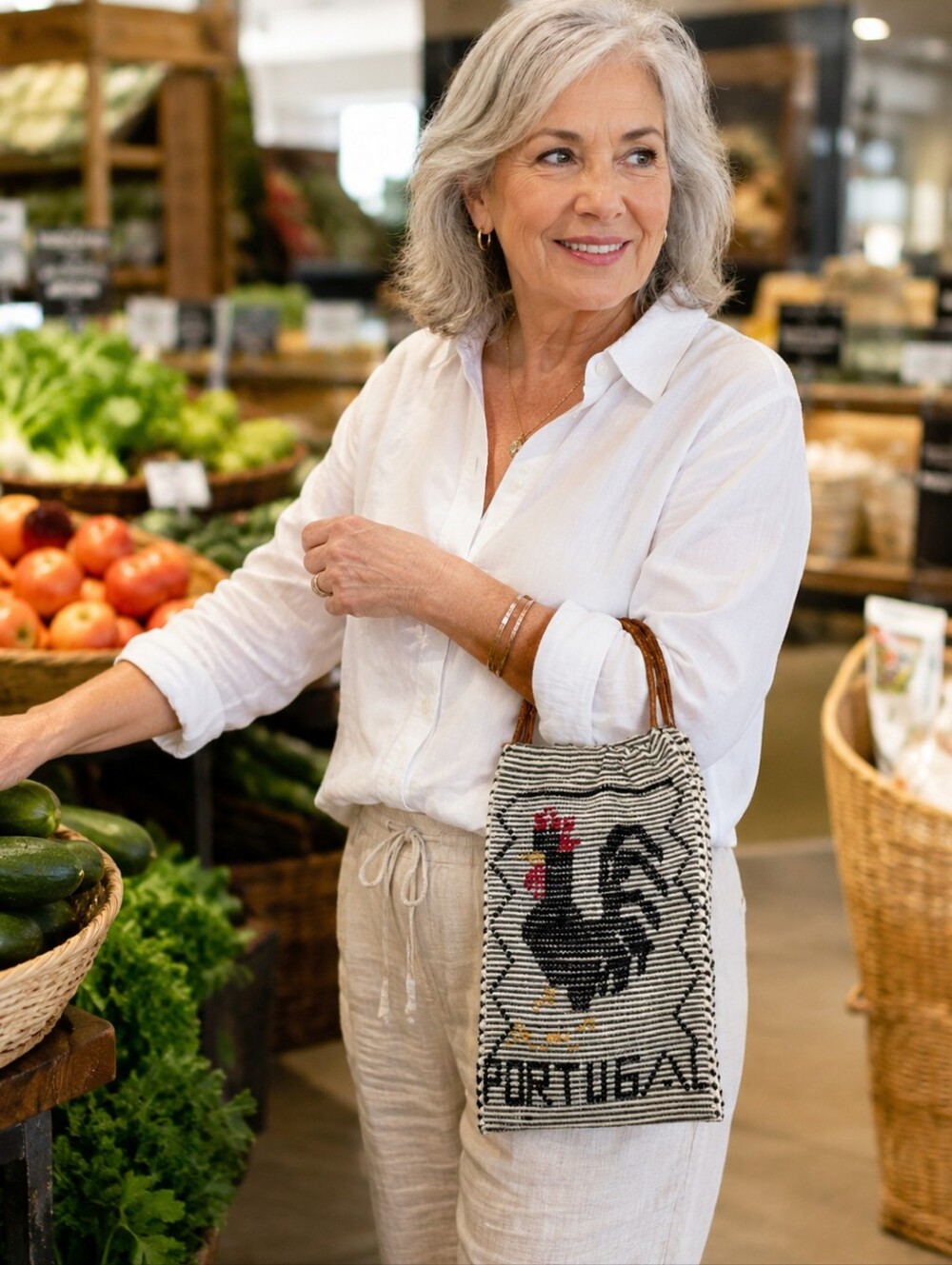 Vintage Portuguese Rooster Tote Bag with Rattan Handles